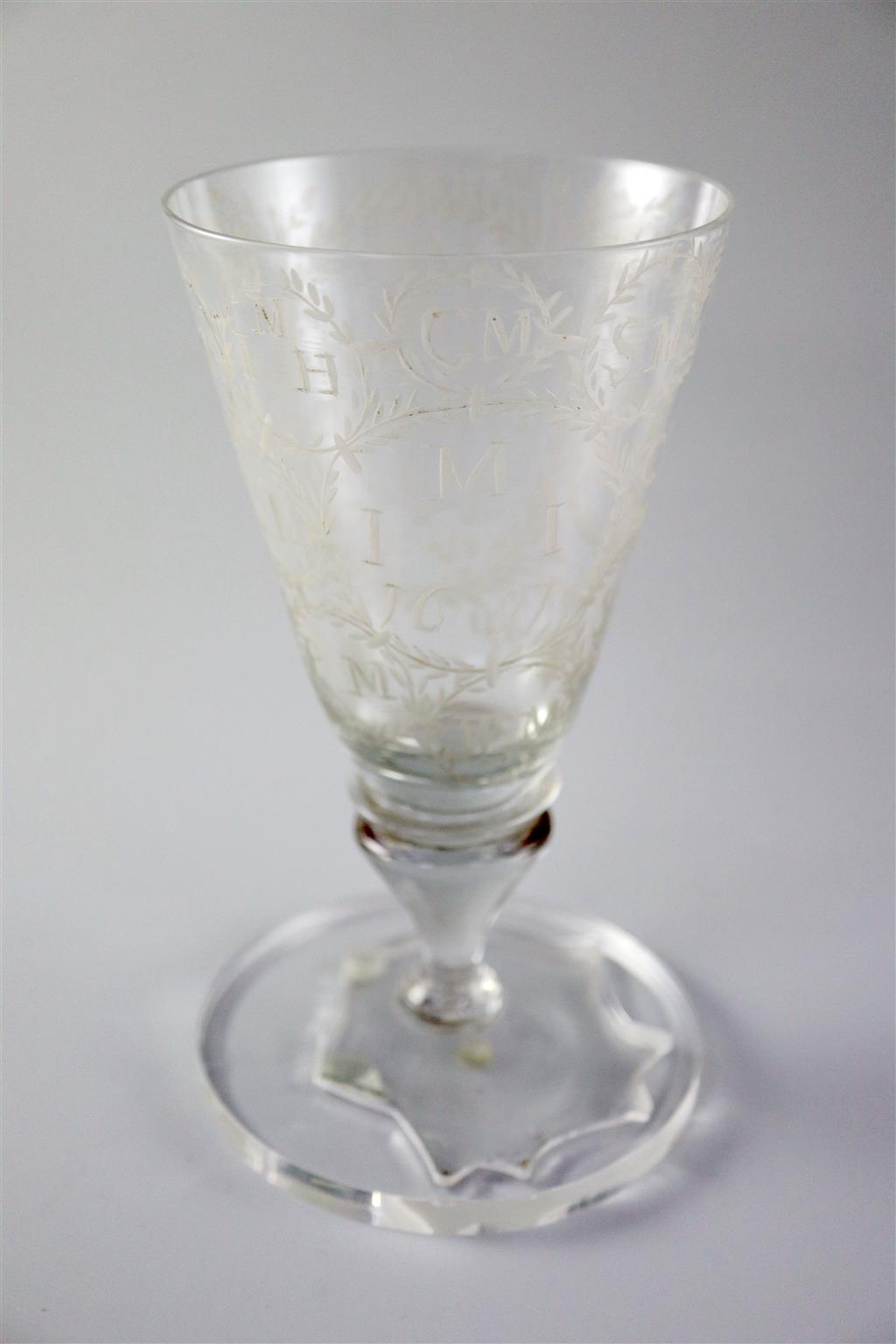 A rare documentary Irish wheel engraved lead glass goblet, dated 1697, with a Victorian fitted rosewood & pewter inlaid box